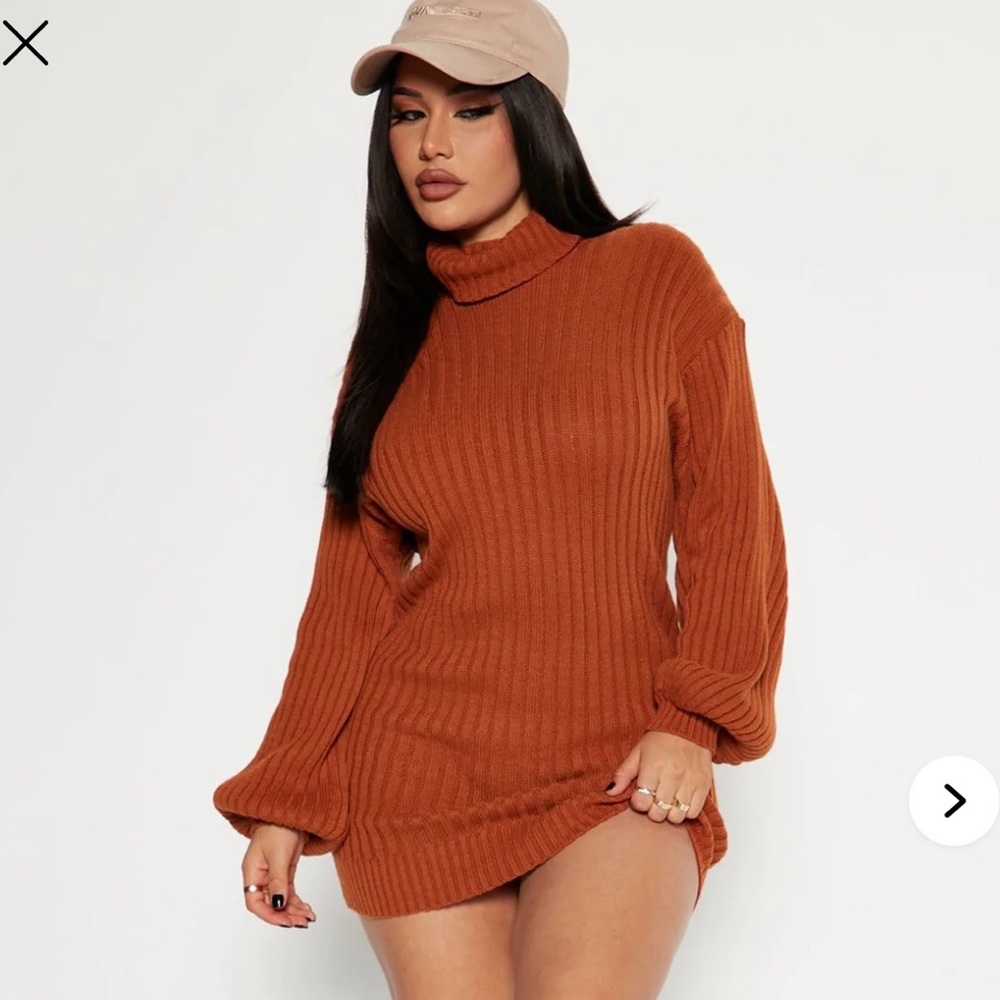 Fashion Nova Too Cozy Turtle Neck Sweater Dress - Cognac